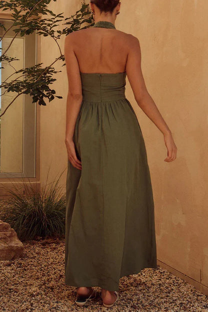 Sexy solid color pocket folding neck hanging sleeveless evening dress