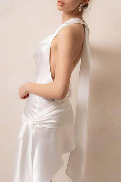 Celebrity Elegant Solid Color Decal Open Back Folding Hanging Neck Evening Dress