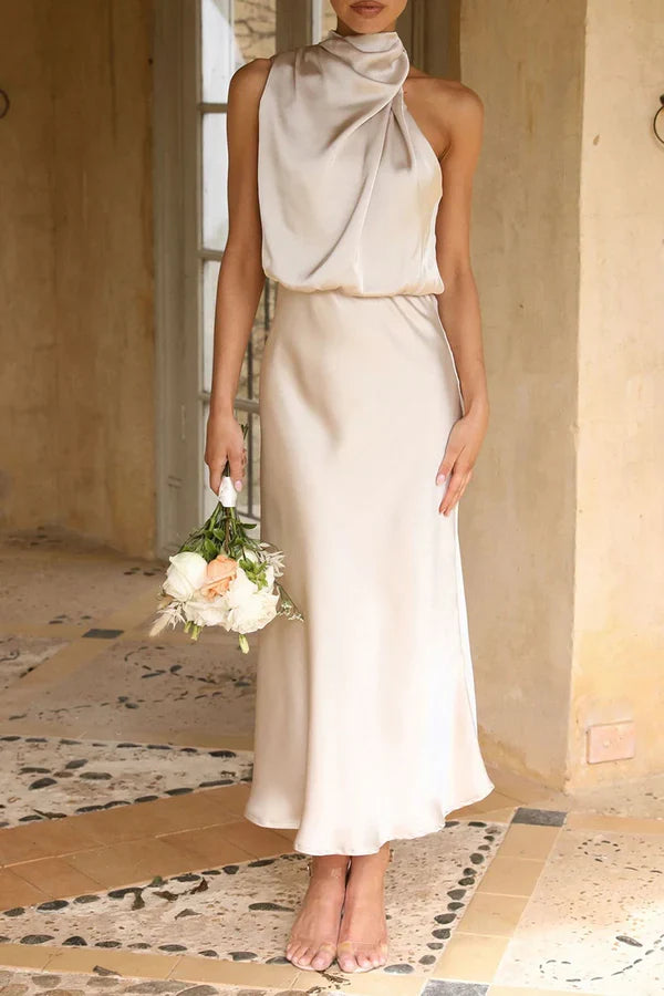 Elegant solid color pleated high necked one step dress evening dress
