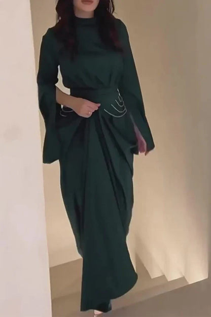 Elegant solid color split half high neck waist skirt for evening dress