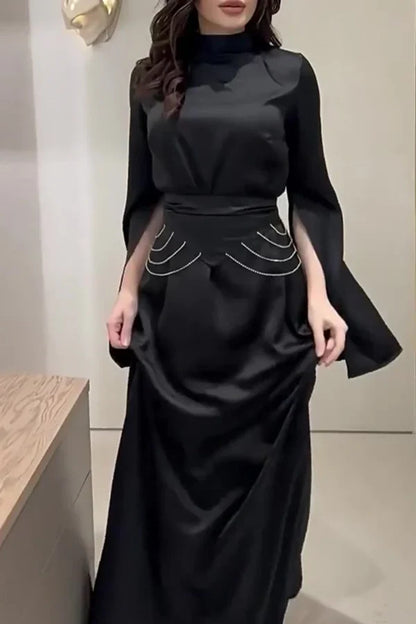 Elegant solid color split half high neck waist skirt for evening dress