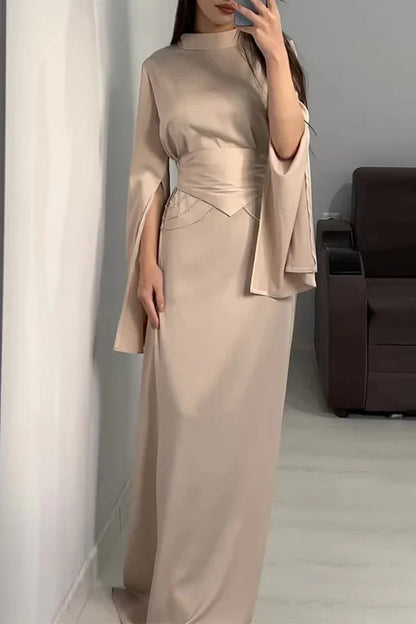 Elegant solid color split half high neck waist skirt for evening dress