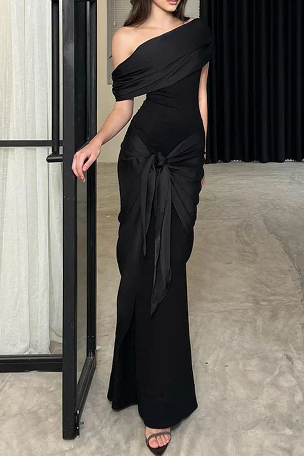 Sexy formal attire solid color mesh diagonal collar evening dress