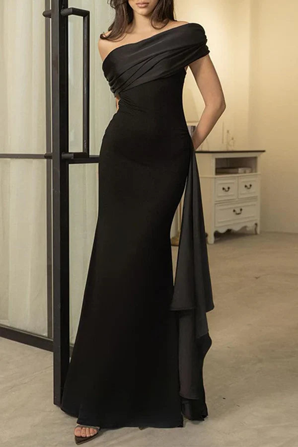 Sexy formal attire solid color mesh diagonal collar evening dress