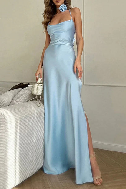 Sweet and elegant solid color bandage backless flower U-neck one-step dress evening dress