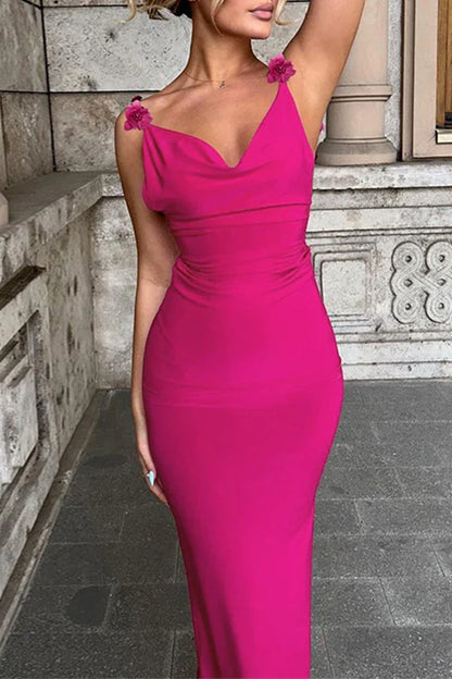 Sexy Solid Color Flower U-Neck One Step Dress Evening Dress
