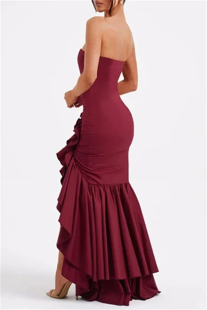 Sexy printed solid color backless strapless irregular evening dress