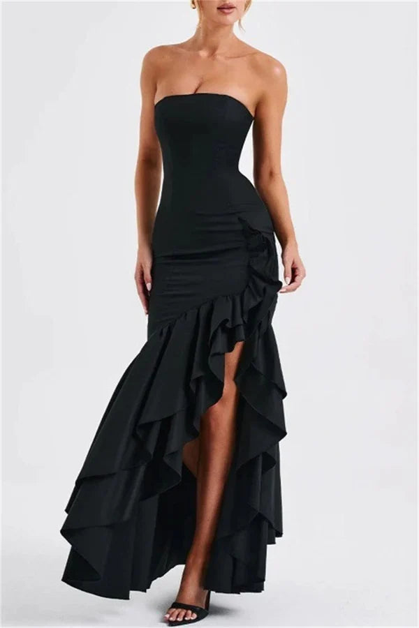 Sexy printed solid color backless strapless irregular evening dress