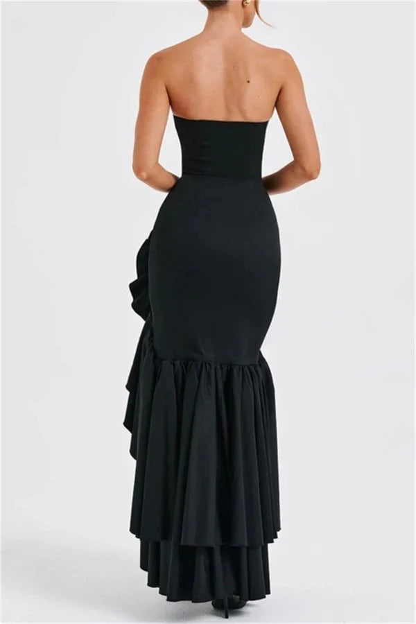 Sexy printed solid color backless strapless irregular evening dress