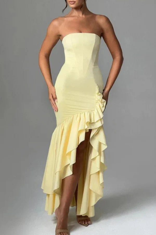 Sexy printed solid color backless strapless irregular evening dress