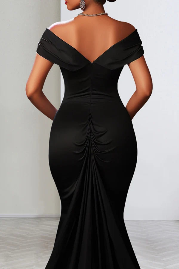 Solid color backless high slit zipper patchwork off the shoulder long evening dress