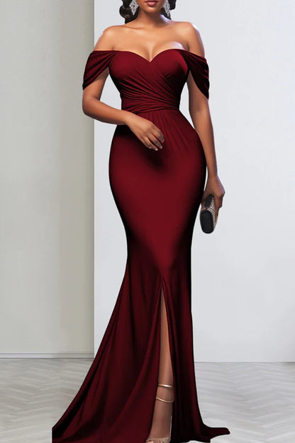 Solid color backless high slit zipper patchwork off the shoulder long evening dress