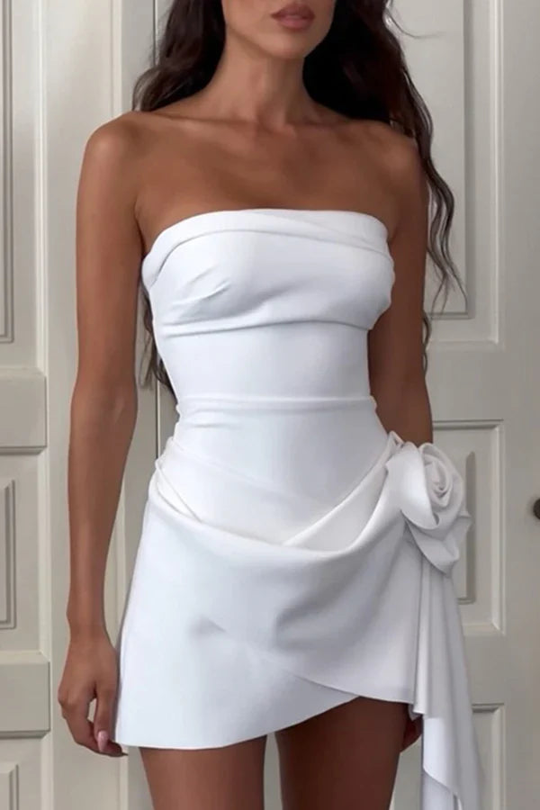 solid color pleated flower strapless evening dress