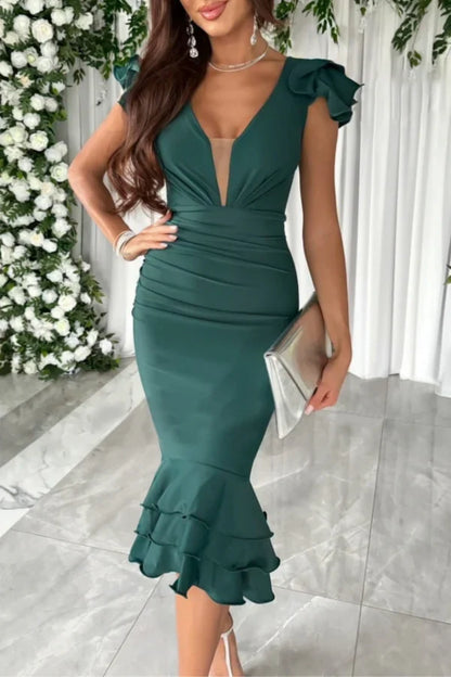 Casual solid color patchwork V-neck wrap dress for evening dress