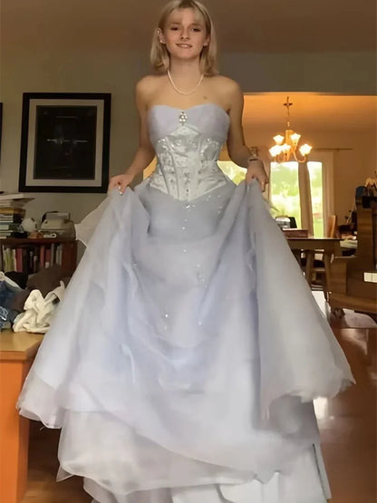 Princess Light Purple Strapless Beaded Tulle Long Ball Gown Evening Dress cc4955