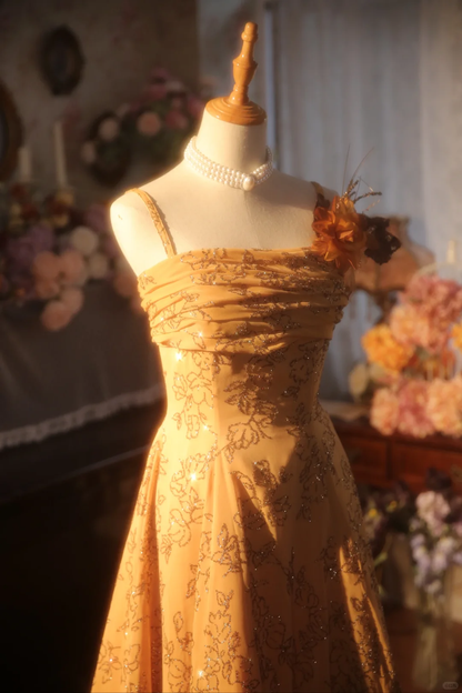 Vintage Mustard Yellow Sequin Floral Embroidery Spaghetti Strap Evening Gown TP5520