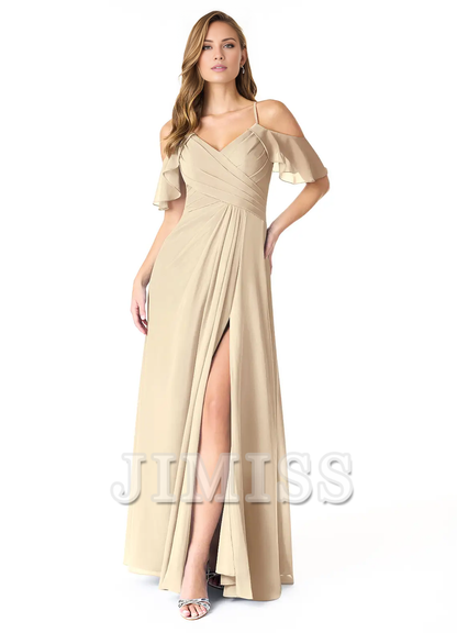 A-line V-neck pleated chiffon side slit and floor length bridesmaid dress - Dress