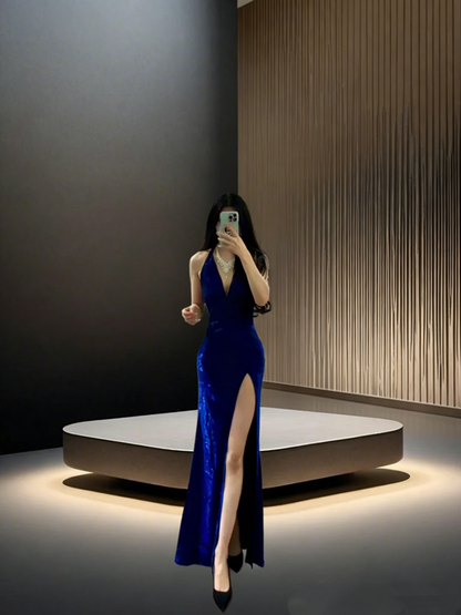 Blue halter-neck fitted waist slim-fitting slit sexy ball gown R8047
