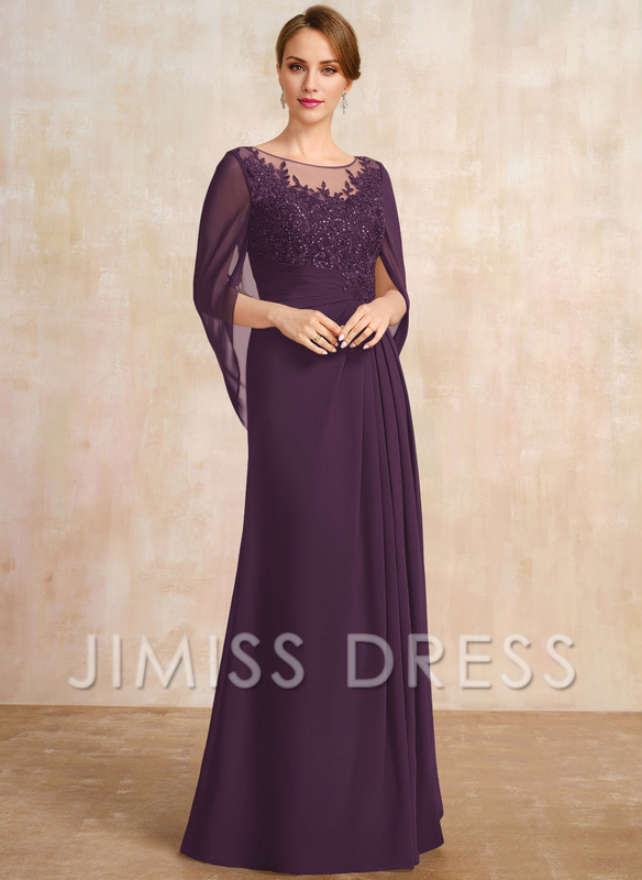 A-shaped Scoop Illusion floor lace chiffon with sequins and pleats, mother of the bride dress