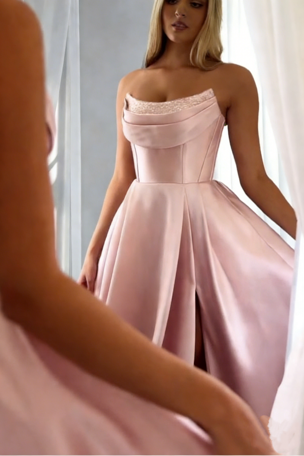 Sweet Yellow Strapless Satin Pleated Slit A Line Party Dress Long Wedding Guest Dress SP1688