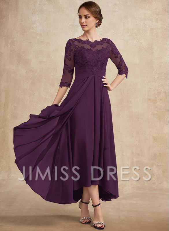 A-line hollow illusion asymmetrical lace chiffon belt with layered ruffles mother of the bride dress