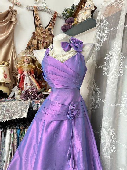 Lavender Halter Neck Fitted Waist Vintage A-Line Long Prom Dress, Evening Gown gh7205