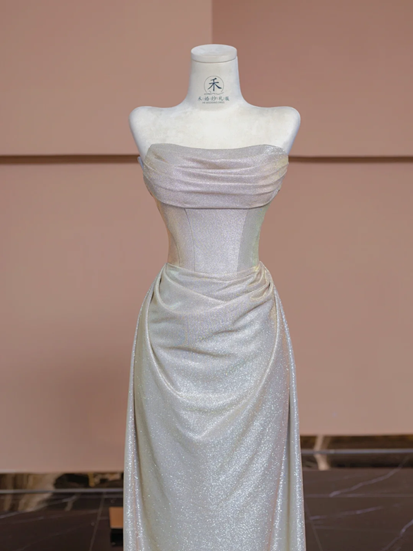 Light champagne-colored strapless fitted long ball gown, bridal dress R8349