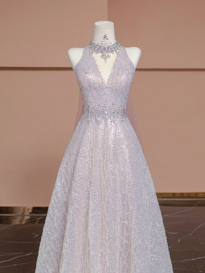 Light pink V-neck fitted A-line skirt rhinestone long ball gown/bridal dress R8292