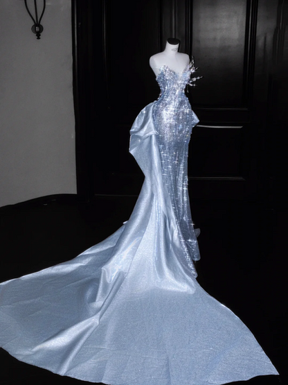 Light blue tube-top sequined diamond-studded waist slim-fitting hip-hugging maxi skirt, prom dress R5631