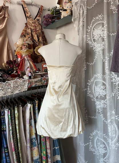 Champagne-colored strapless, fitted waist cute short dress, prom dress R6262