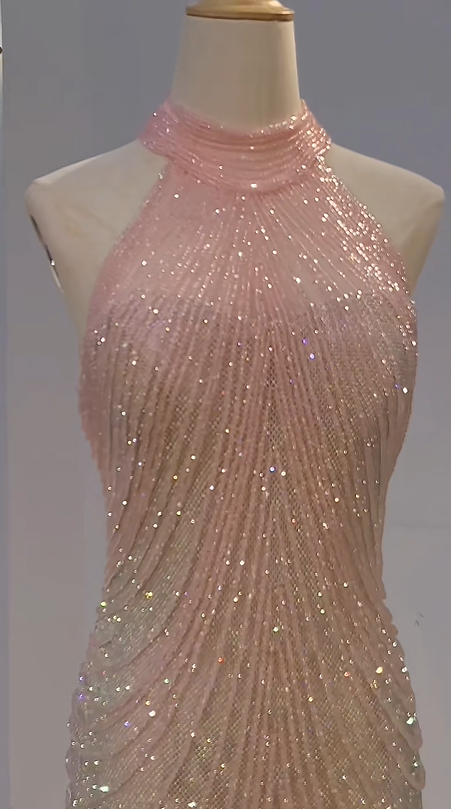 Light Pink Halter Rhinestone Waist-Cinched Fitted Tassel Long Evening Dress, Fairy Gown, Romantic Gown gh7396