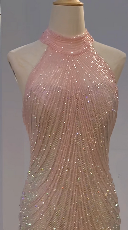 Light Pink Halter Rhinestone Waist-Cinched Fitted Tassel Long Evening Dress, Fairy Gown, Romantic Gown gh7396
