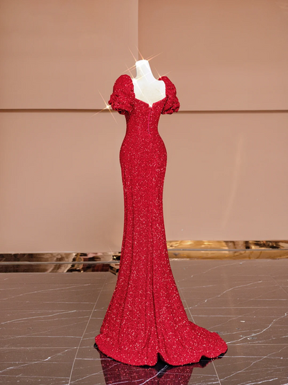 Red square neckline, fitted waist, slimming and sexy long ball gown R8407
