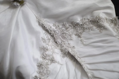 White strapless fitted waist long embroidered ball gown R6702