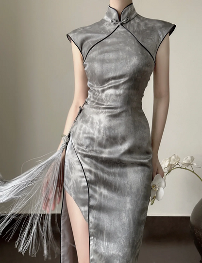 Gray sleeveless Chinese‑collar waist‑cinched slim‑fit bodycon elegant slit prom gown R8007