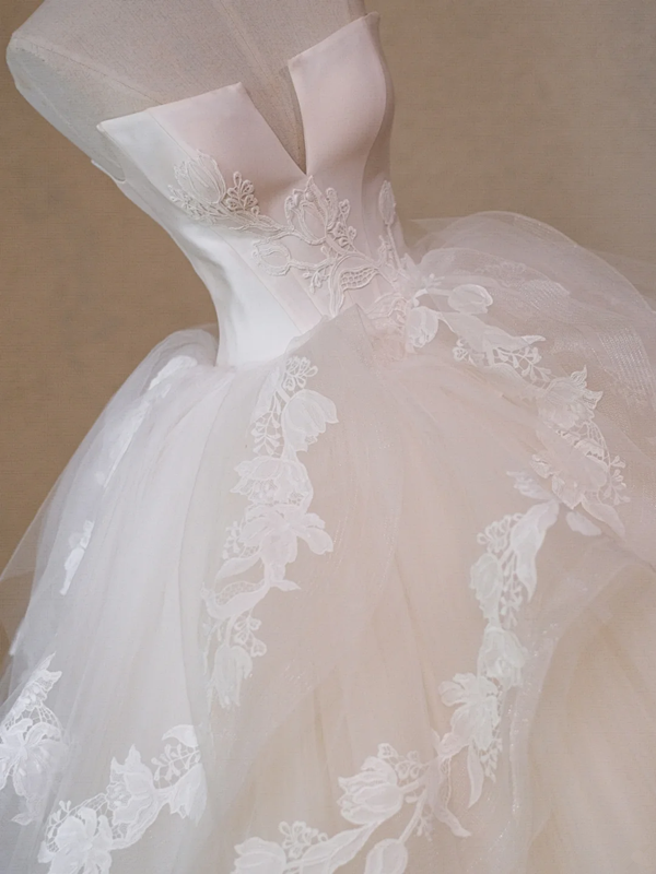 White tube top waist fluffy tulle skirt bridal dress R5708
