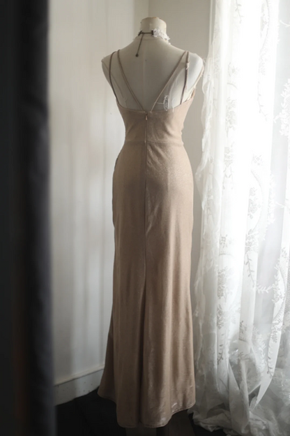 Champagne-colored halter-neck, fitted waist, and pleated sexy ball gown R6821