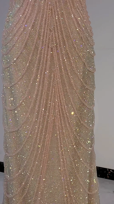Light Pink Halter Rhinestone Waist-Cinched Fitted Tassel Long Evening Dress, Fairy Gown, Romantic Gown gh7396