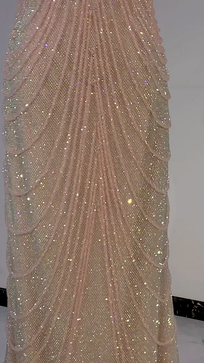 Light Pink Halter Rhinestone Waist-Cinched Fitted Tassel Long Evening Dress, Fairy Gown, Romantic Gown gh7396