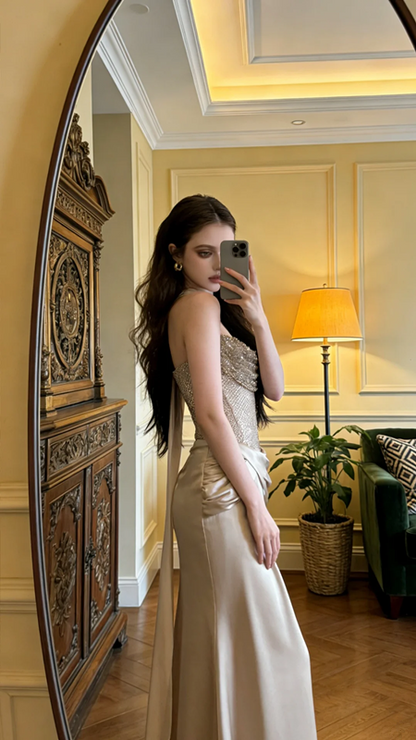 Light champagne-colored strapless fitted long ball gown, bridal dress R8594