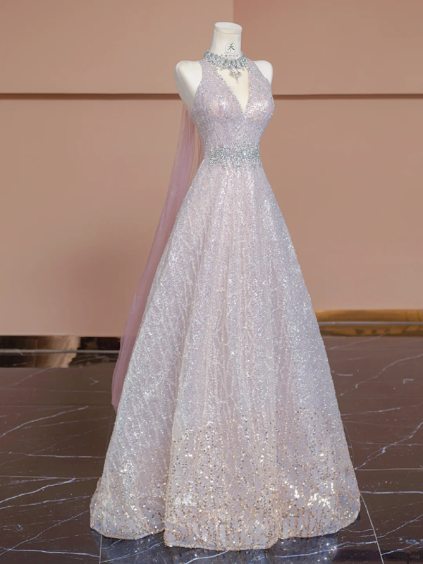 Light pink V-neck fitted A-line skirt rhinestone long ball gown/bridal dress R8292