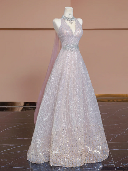 Light pink V-neck fitted A-line skirt rhinestone long ball gown/bridal dress R8292