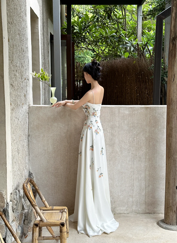 White-based pink floral print spaghetti strap waist-cinched slim-fit long elegant prom dress R7956