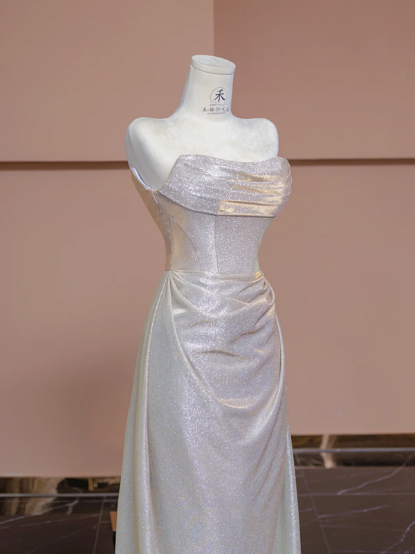 Light champagne-colored strapless fitted long ball gown, bridal dress R8349
