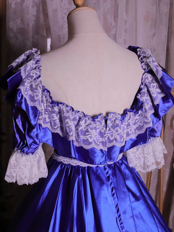 Blue square-neck floor-length ball gown with a cinched waist and slim fit; bridal gown R7294