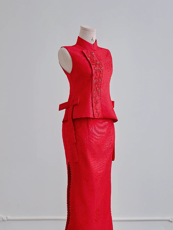 Red sleeveless fitted waist top and sexy bodycon skirt set for a ballroom gown R8176