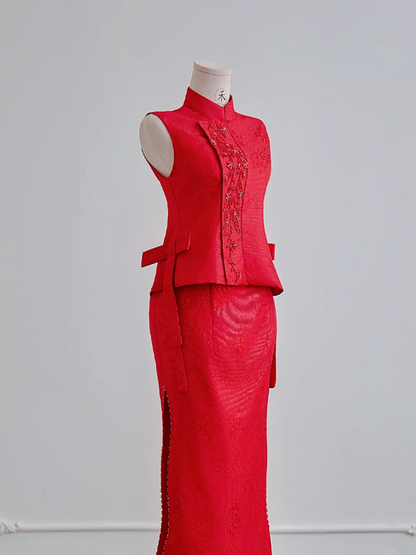 Red sleeveless fitted waist top and sexy bodycon skirt set for a ballroom gown R8176