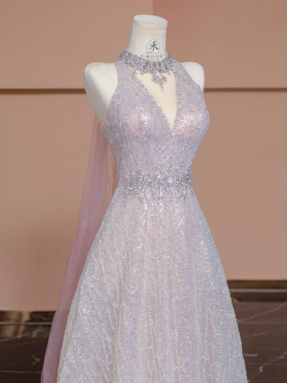 Light pink V-neck fitted A-line skirt rhinestone long ball gown/bridal dress R8292