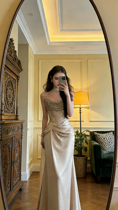Light champagne-colored strapless fitted long ball gown, bridal dress R8594
