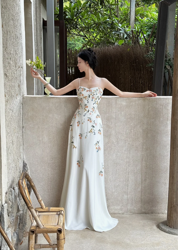 White-based pink floral print spaghetti strap waist-cinched slim-fit long elegant prom dress R7956